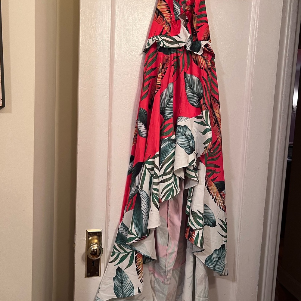 Tropical Red Leaf High-Low Maxi Dress